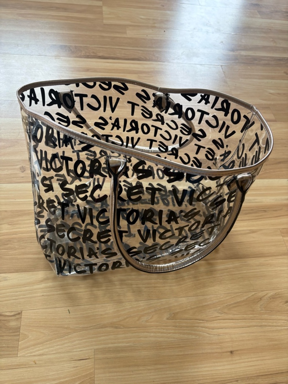 Victoria's Secret Clear Tote with Black Logo and Beige Trim